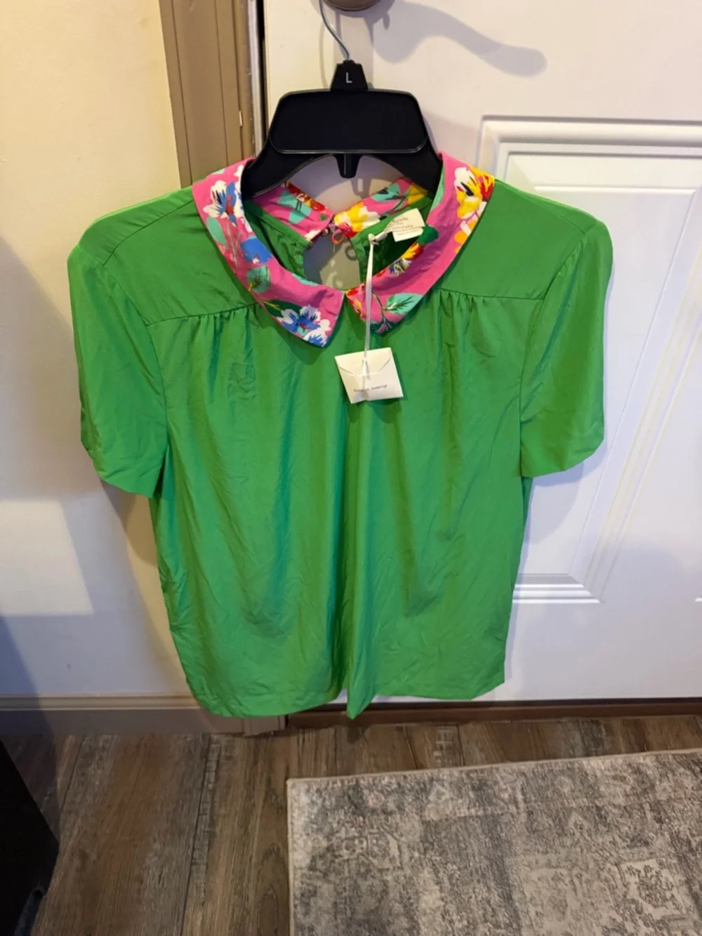 Green Short-Sleeve Top with Pink Floral Collar Kate Spade